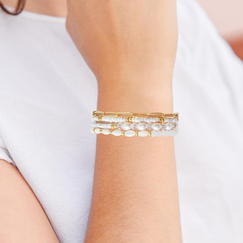 Pymach Store Dainty Gold Plated Pearl Crystal Beaded Bracelets Set for Women 14K Gold Plated Bead Pearl Beads Bracelet Stackable Paperclip Link Chain Bracelets Gold Plated Bracelets for Women Trendy Jewelry - Image 4